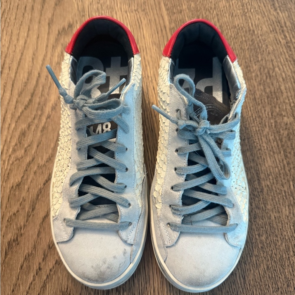 P448 white grey and red sneakers, very gently used